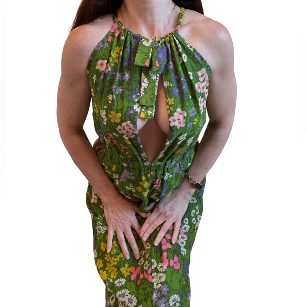 Vintage 70s Deep V Floral Green Maxi Dress - Picture 12 of 15